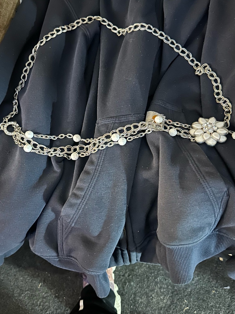 Silver Tone Floral Chain Belt with Clear Crystal Accents